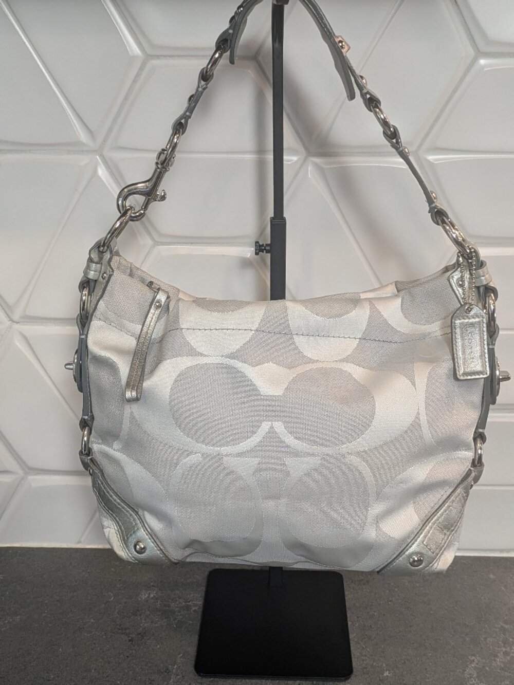 Coach Carly Signature Jacquard Silver Metallic Hobo Y2K Vintage Womens
